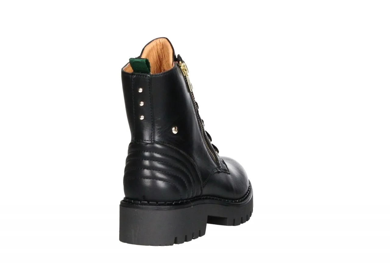 Botin Cremallera/cordon Piel Negro Talon Acolchado Piso Grueso