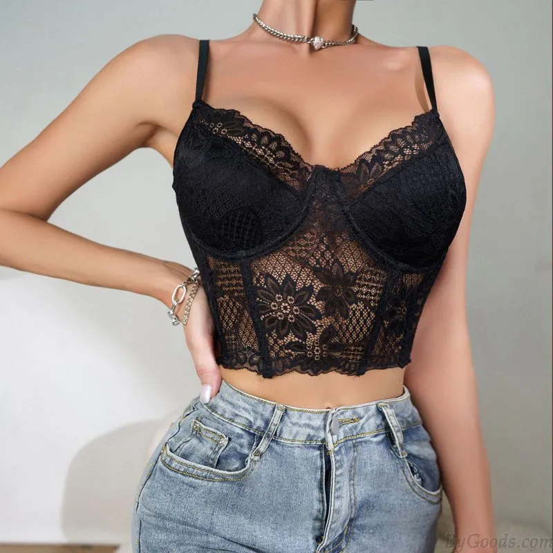 Sexy Deep V Lace Underwire Cami Tops Racerback Floral Lace Bralette Women's Corset Lingerie Bra Vest Camisole Tank Clubwear Bust